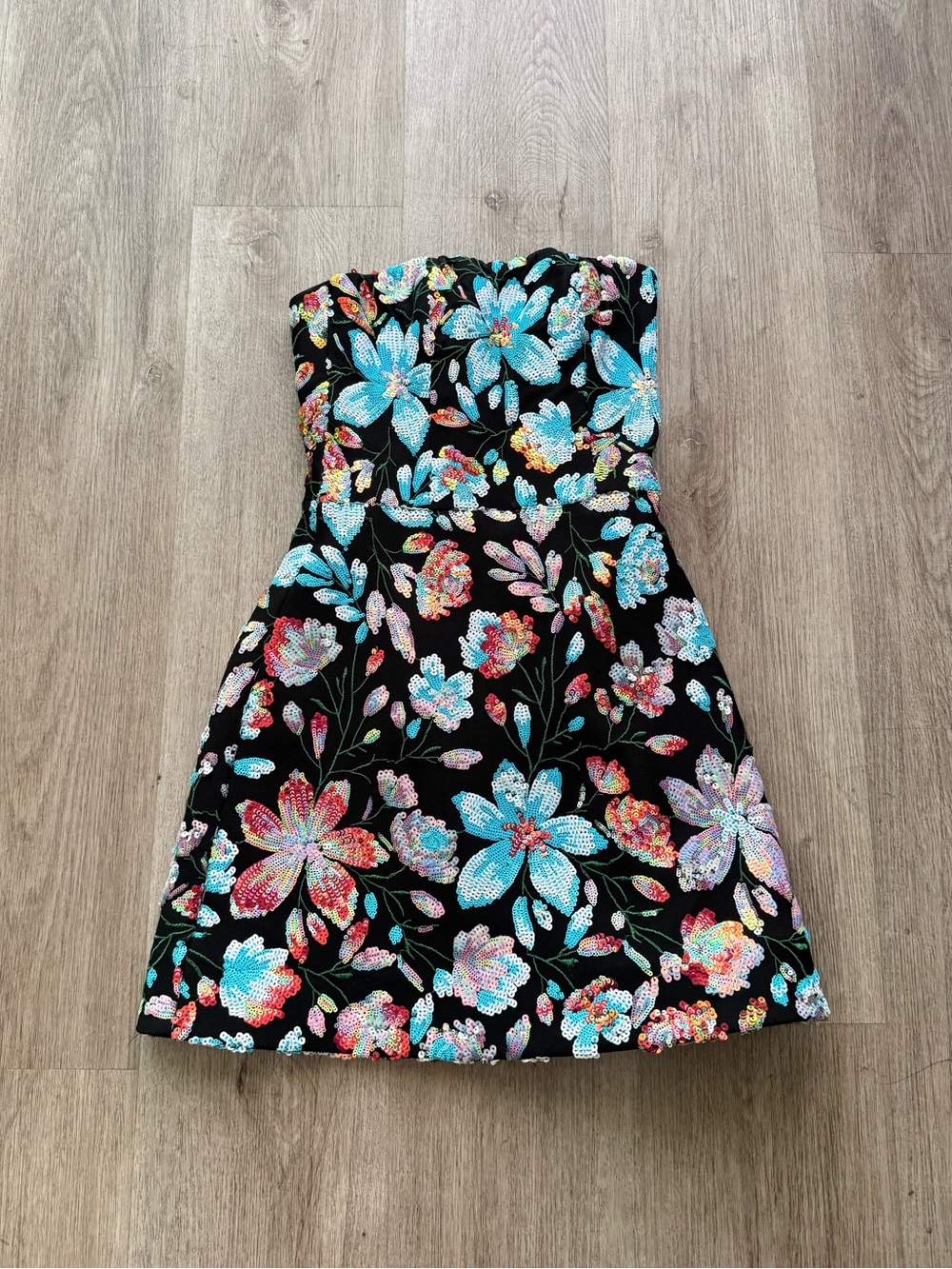 helsi linda black & blue floral sequin strapless mini dress size XS NEW